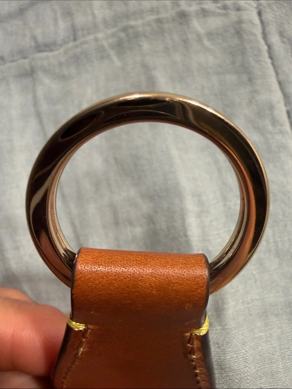Dooney & Bourke Brown Leather Key Fob Ring with Yellow Stitching